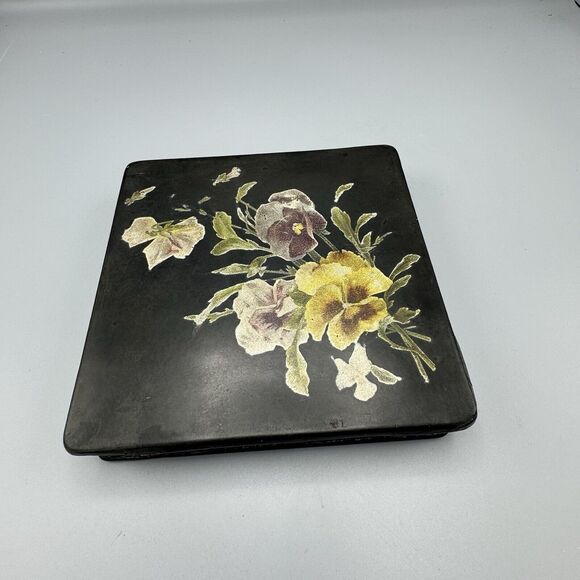 Antique Victorian Hand Painted Lacquered Papier Mache Square Box with Pansies - Picture 2 of 16